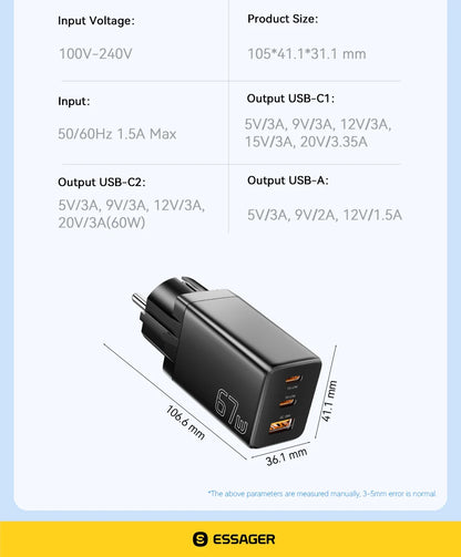 Essager 67W GaN USB-C Fast Wall Charger - Multi-Port Power Adapter