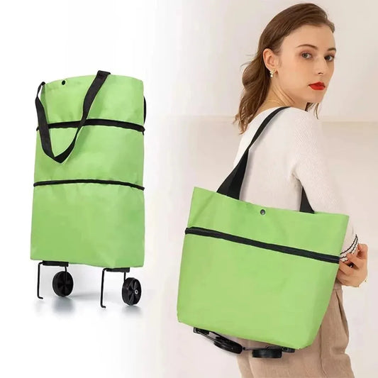 2-in-1 Foldable Shopping Bag with Wheels Pull Cart