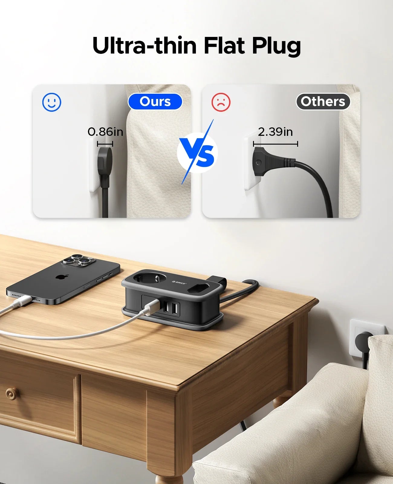 Portable EU Travel Power Strip with USB-C & Fast Charging – 5-in-1 Compact
