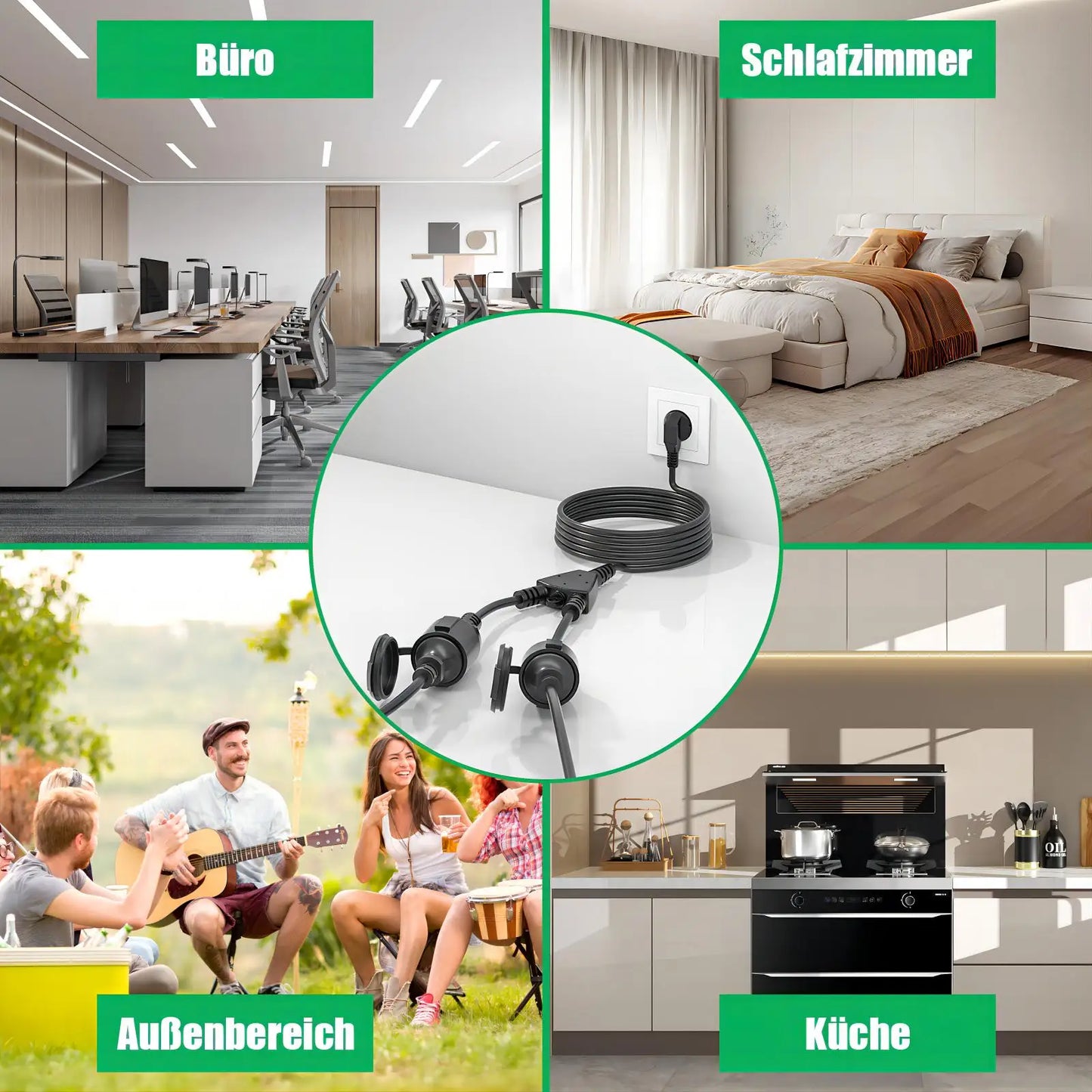 Waterproof European Standard Extension Cord - 2-Way Power Socket Splitter