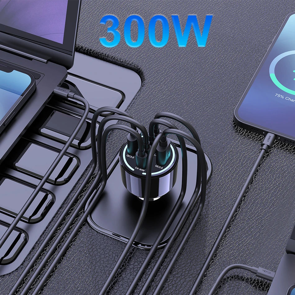 240W 4-Port USB-C Car Charger - PD 3.1 Super Fast Charging Adapter