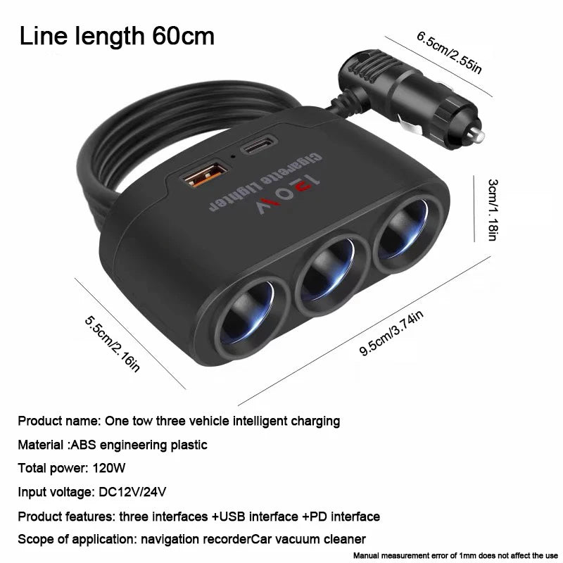 3-in-1 120W Car Cigarette Lighter Splitter Dual USB Fast Charger Adapter - 4