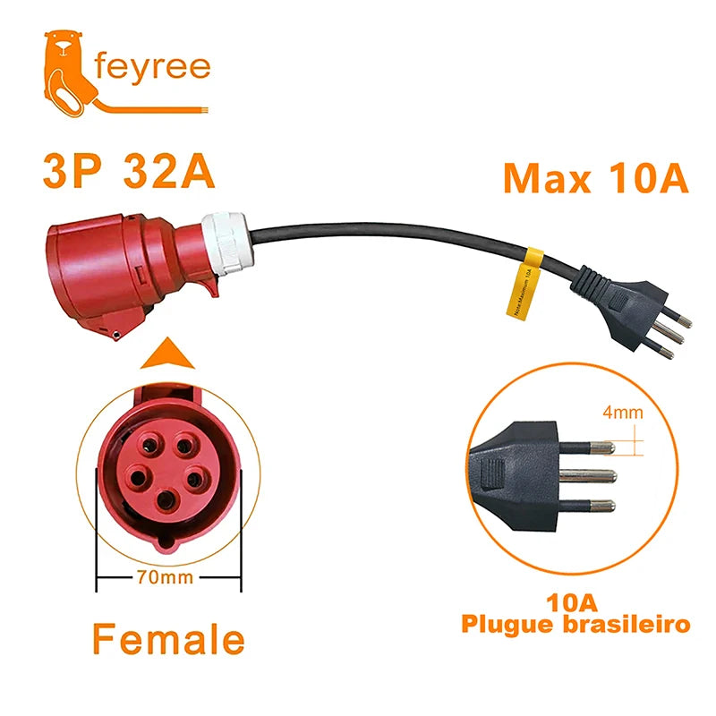 EV Charger CEE Female to Brazil 10A/20A Plug Adapter 7KW Portable Cable - 16
