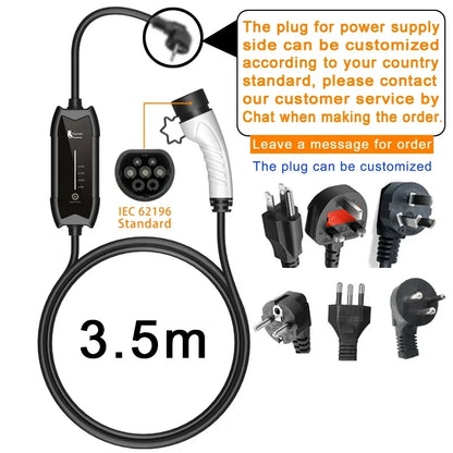 Portable EV Charger Type 2 - 16A 3.5KW Adjustable Electric Vehicle Charger