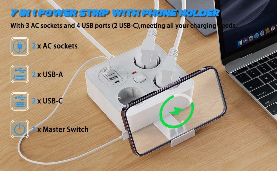 7-in-1 European Power Strip with 4 USB Ports & Surge Protection