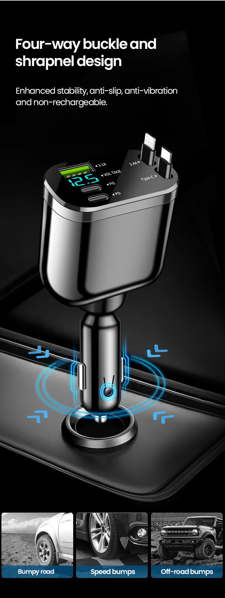 5-in-1 Retractable Fast Car Charger with LED Display - 120W Multi-Port