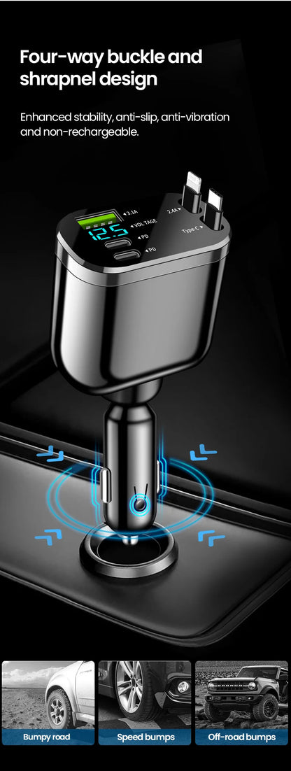5-in-1 Retractable Fast Car Charger with LED Display - 120W Multi-Port