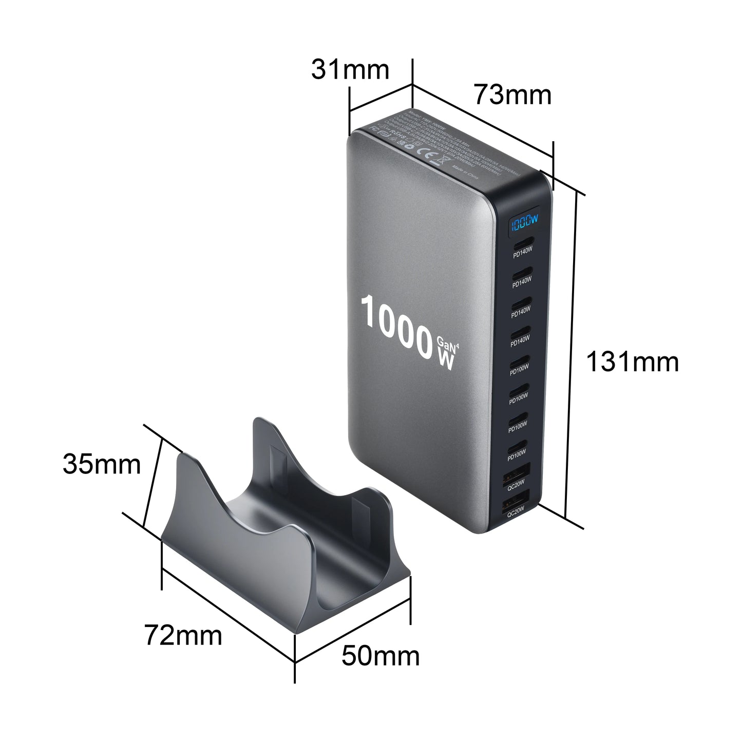 155W GaN Desktop Charger, 10-Port USB-C PD Fast Charging Station