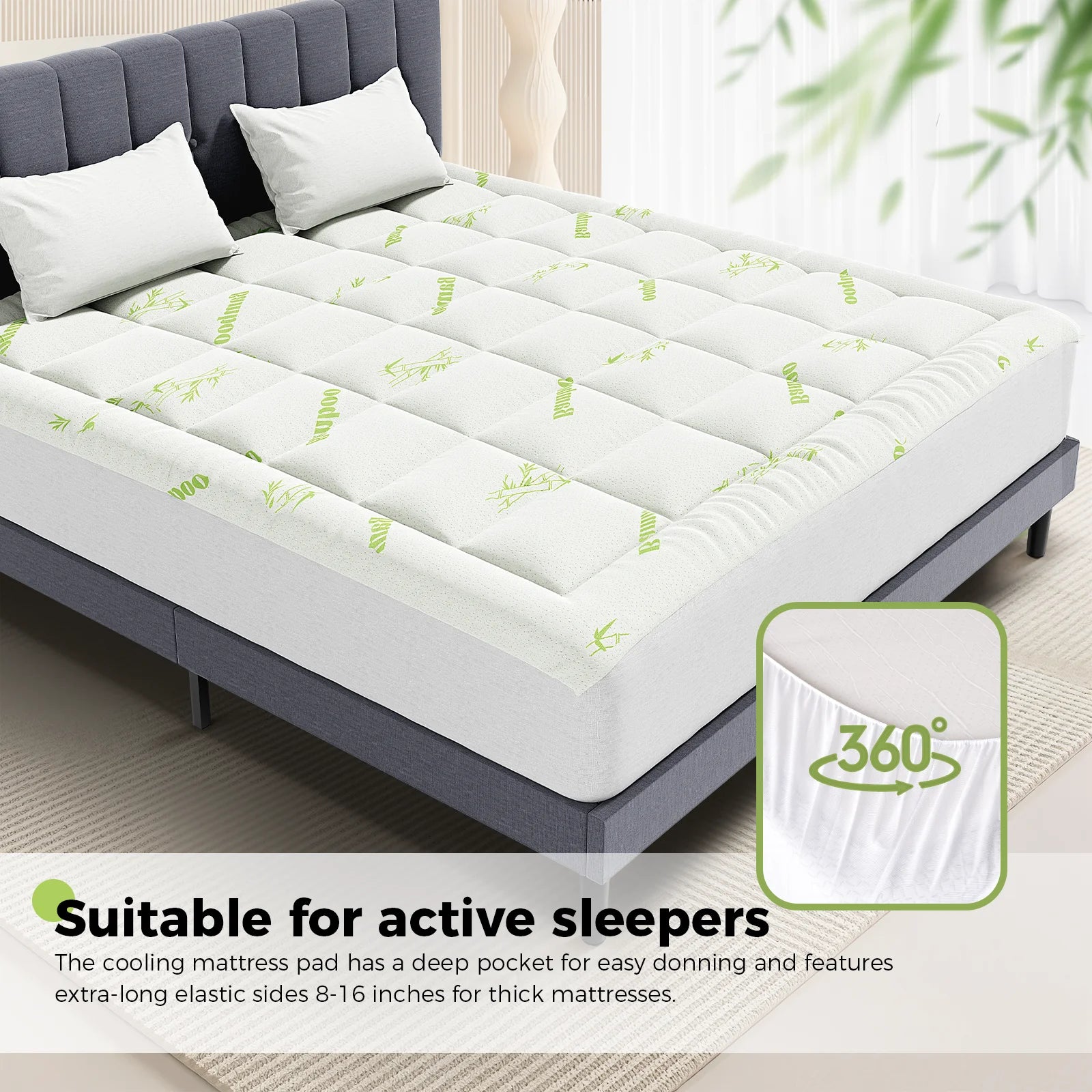 Bamboo Fiber Cooling Mattress Topper - Breathable Deep Pocket Mattress Pad - 4
