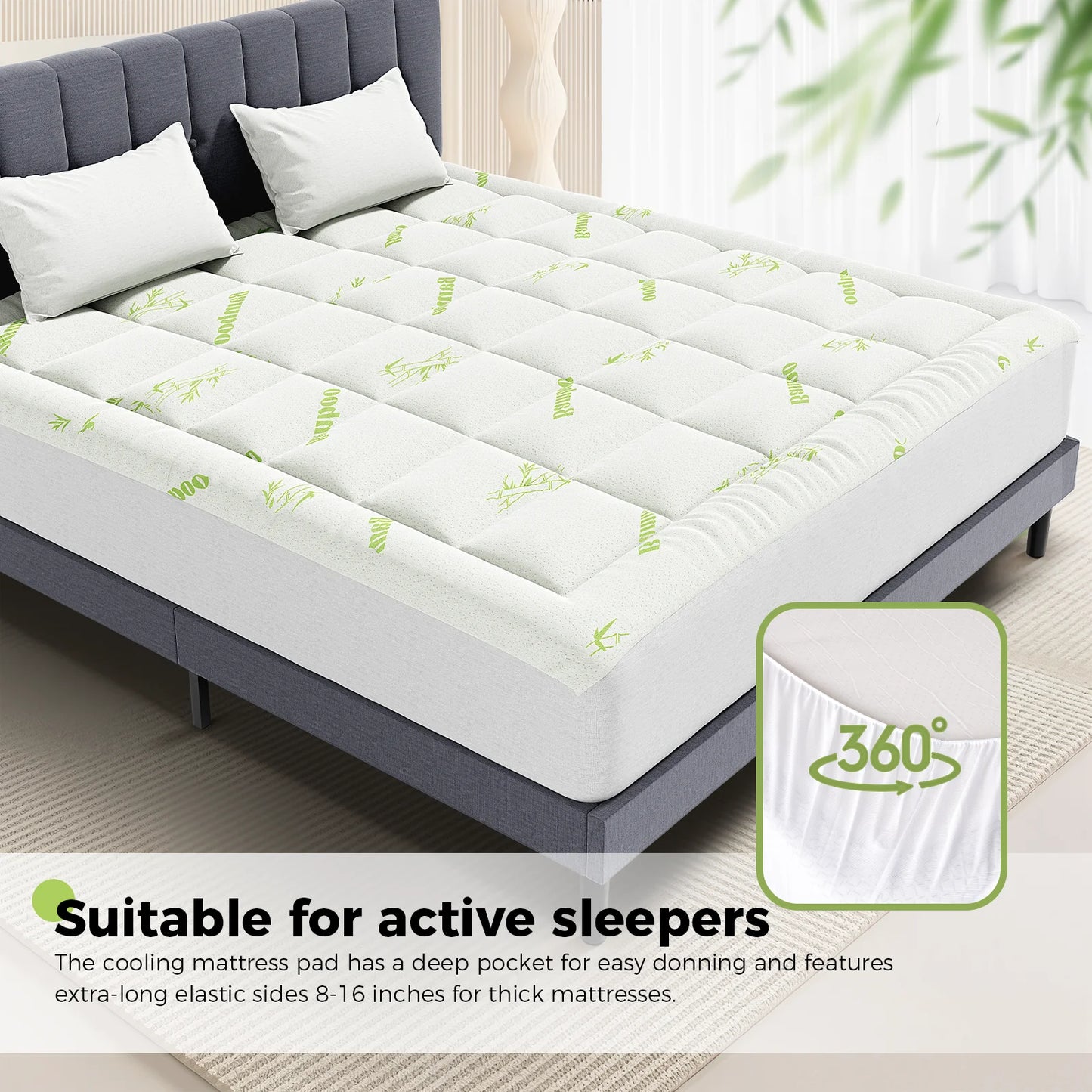 Bamboo Fiber Cooling Mattress Topper - Breathable Deep Pocket Mattress Pad