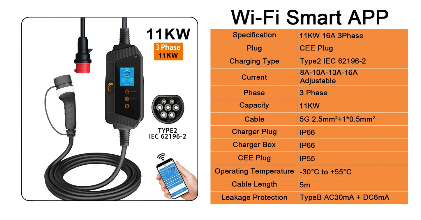 Smart Portable EV Charger Type 2 - Wi-Fi App Control & Fast Charging
