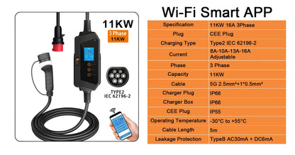 Smart Portable EV Charger Type 2 - Wi-Fi App Control & Fast Charging