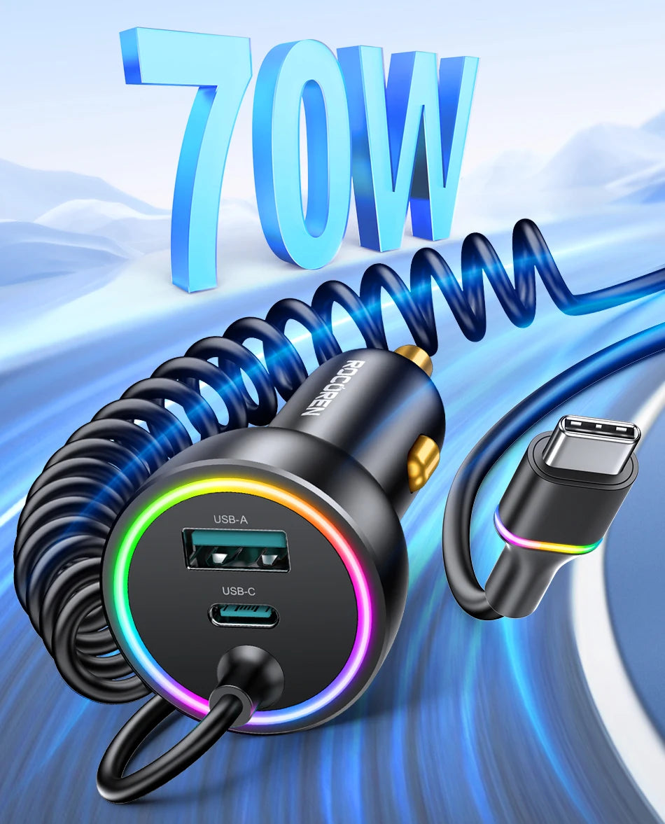 70W Fast USB-C Car Charger with 1.6m Retractable Spring Cable - 8