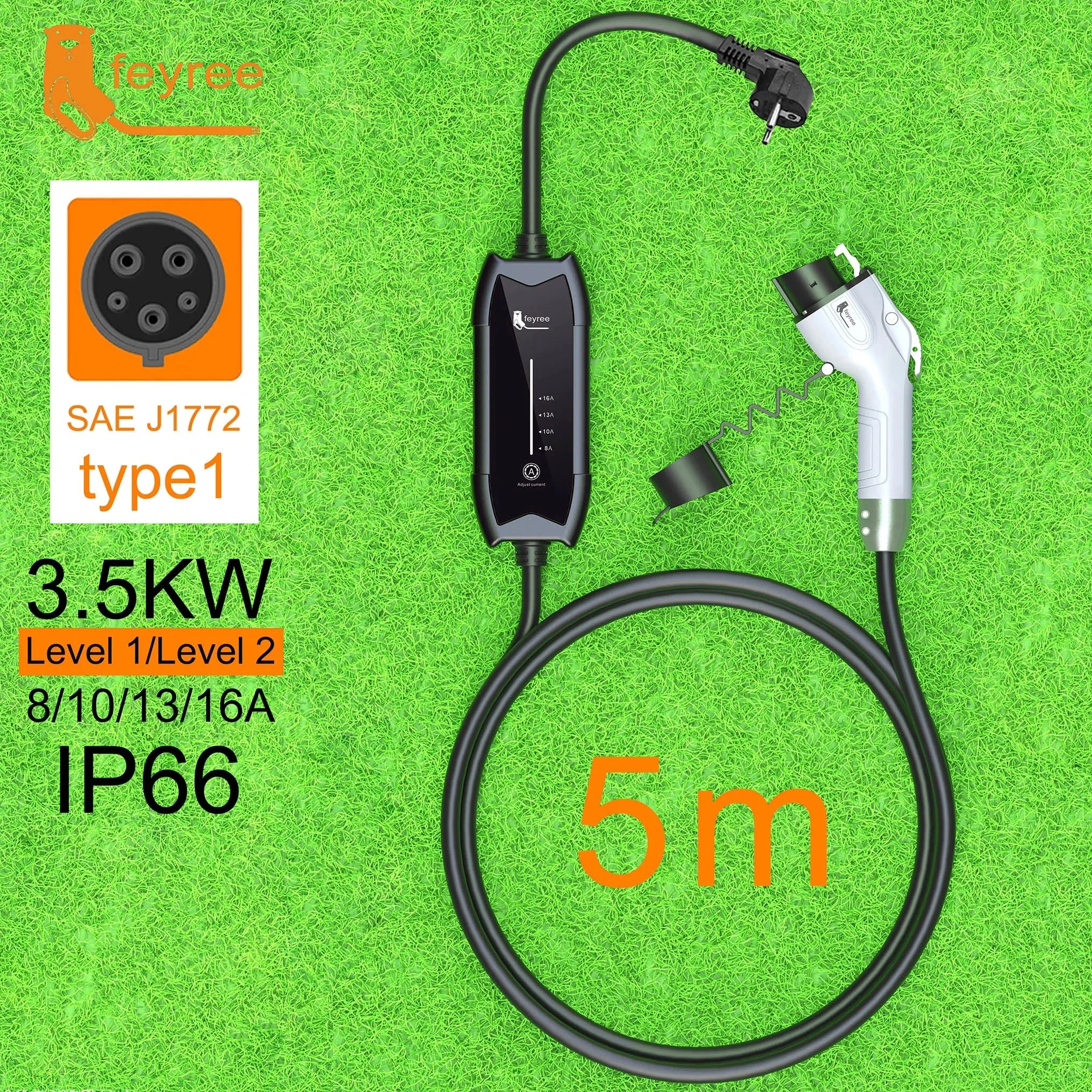 Portable EV Charger Type 1 & 2 - 3.5KW Adjustable Electric Car Charging Cable - 22