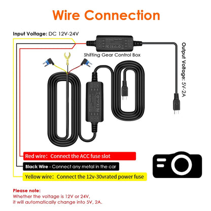 24H Dash Cam Hardwire Kit - USB Type-C & Mini USB Parking Monitor Cable