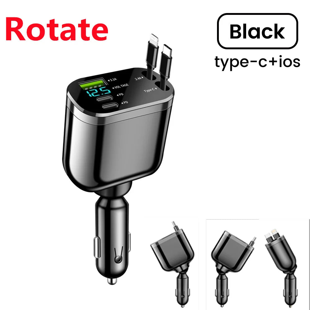 5-in-1 Retractable Fast Car Charger with LED Display - 120W Multi-Port - 16