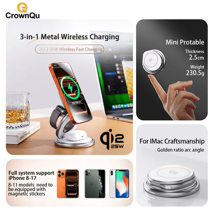 Qi2.2 25W 3-in-1 Magnetic Wireless Charging Station for iPhone & Watch