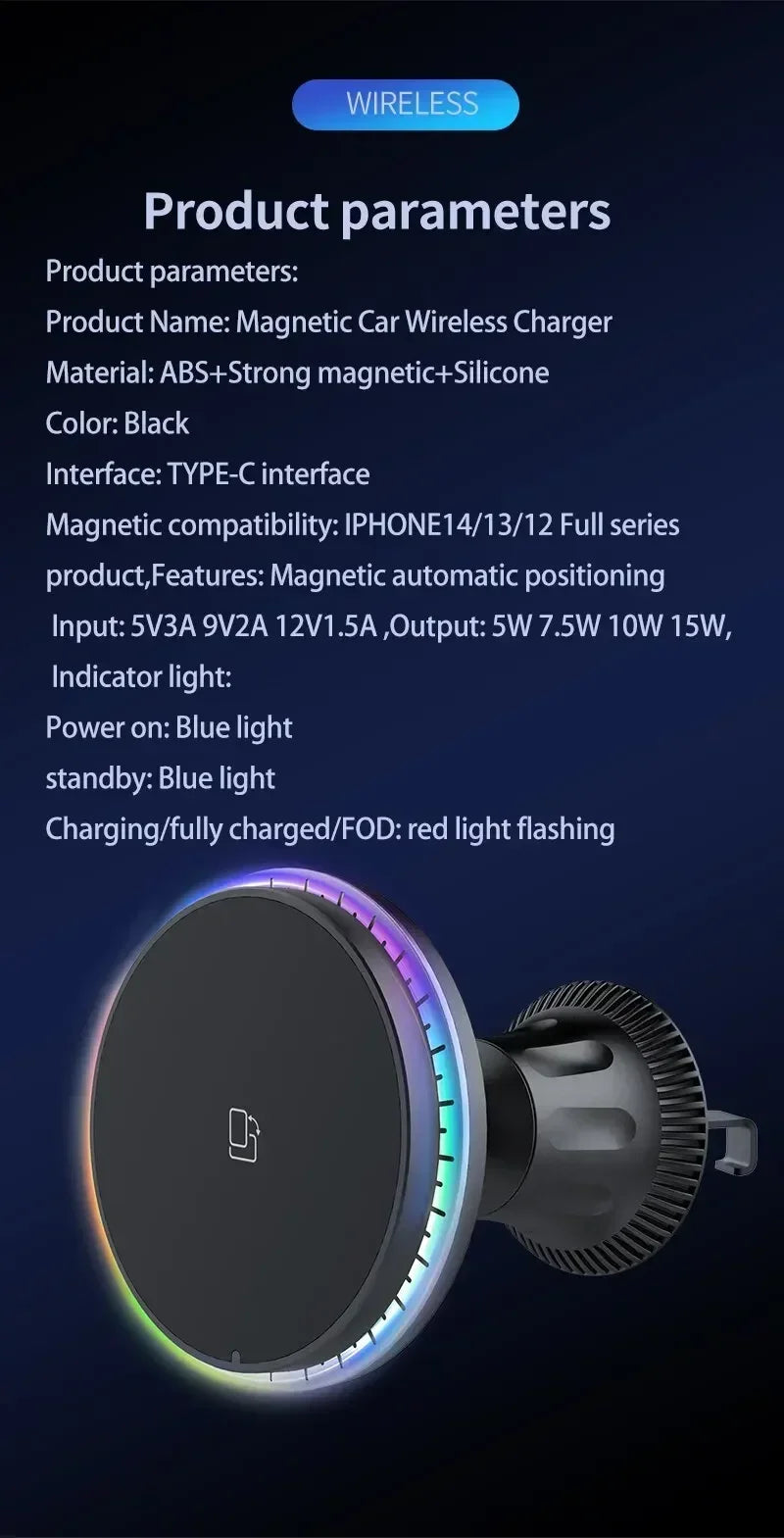 Magnetic Car Wireless Charger 15W Fast Mount for iPhone 12-16 Series - 17