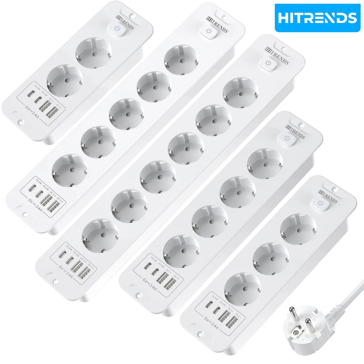 10-in-1 Recessed Power Strip with 20W USB-C PD & Fast Charging Wall Socket