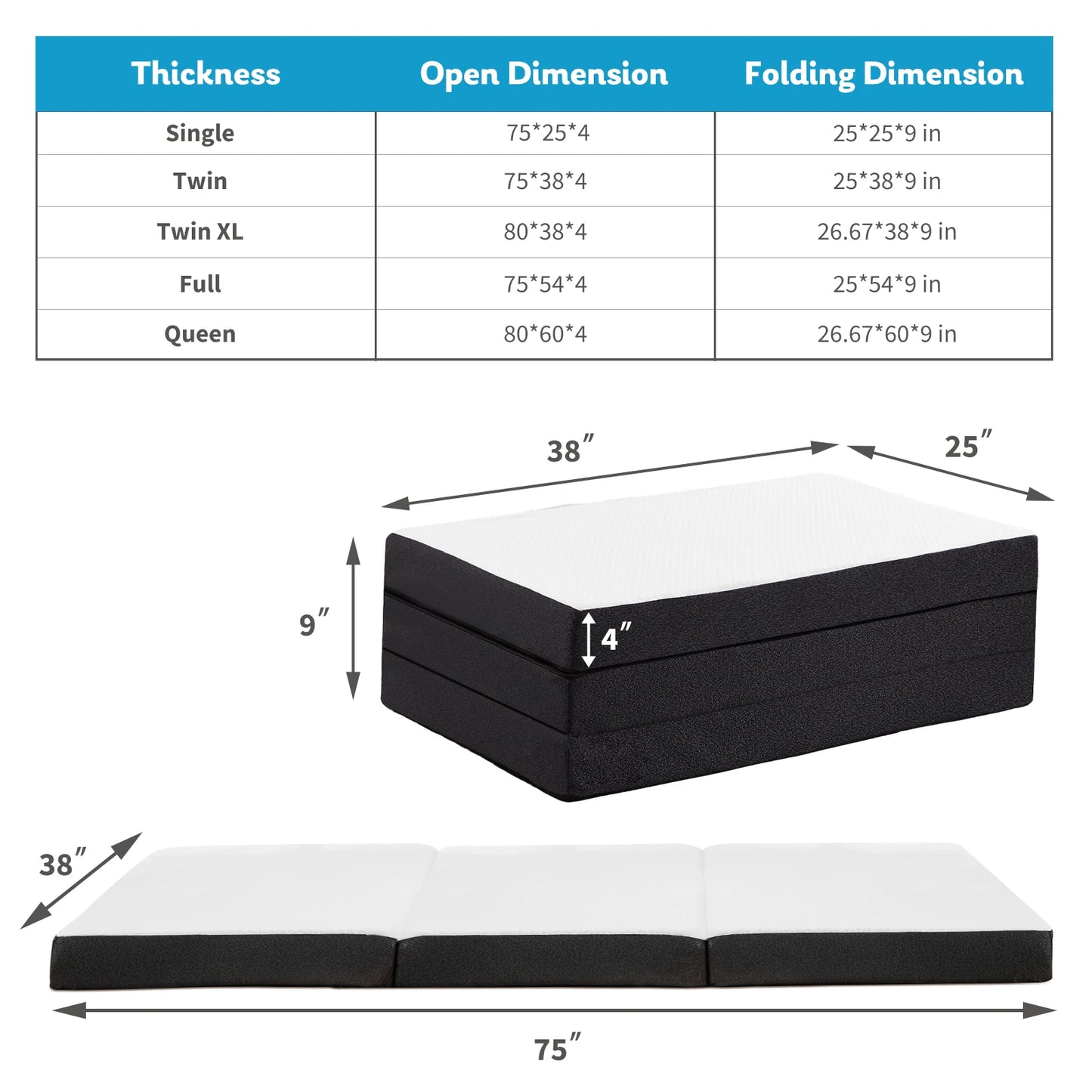 Portable Tri-Fold Memory Foam Mattress - Foldable Floor Bed for Guest & Travel