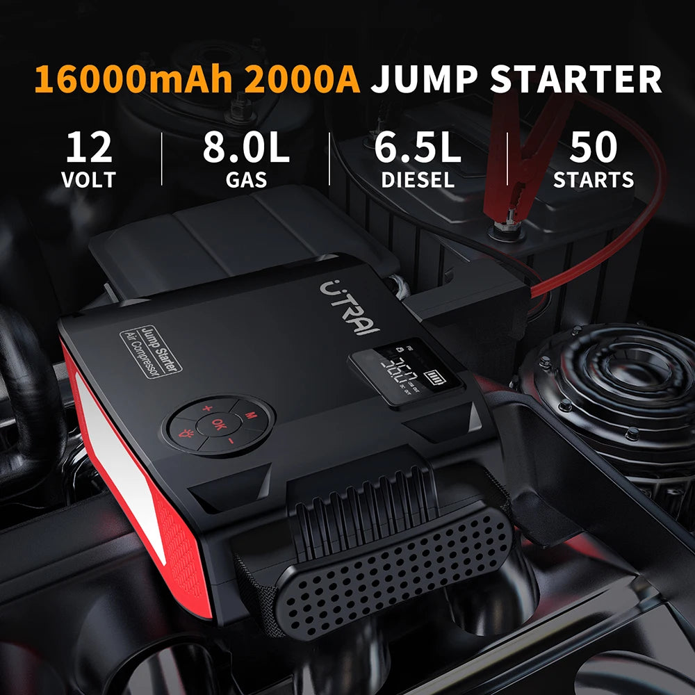 4-in-1 Portable Car Jump Starter & 150PSI Air Compressor - 16000mAh Power