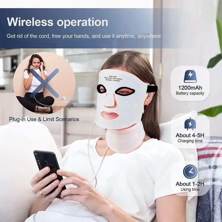 Wireless 7-Color LED Light Therapy Silicone Face & Neck Mask