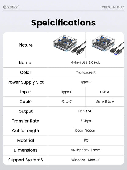 ORICO 4-Port USB-C Hub - High-Speed 5Gbps Data Transfer & Power Supply