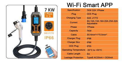 7KW Smart EV Charger with Wi-Fi App Control - Type 2 Portable EVSE Station