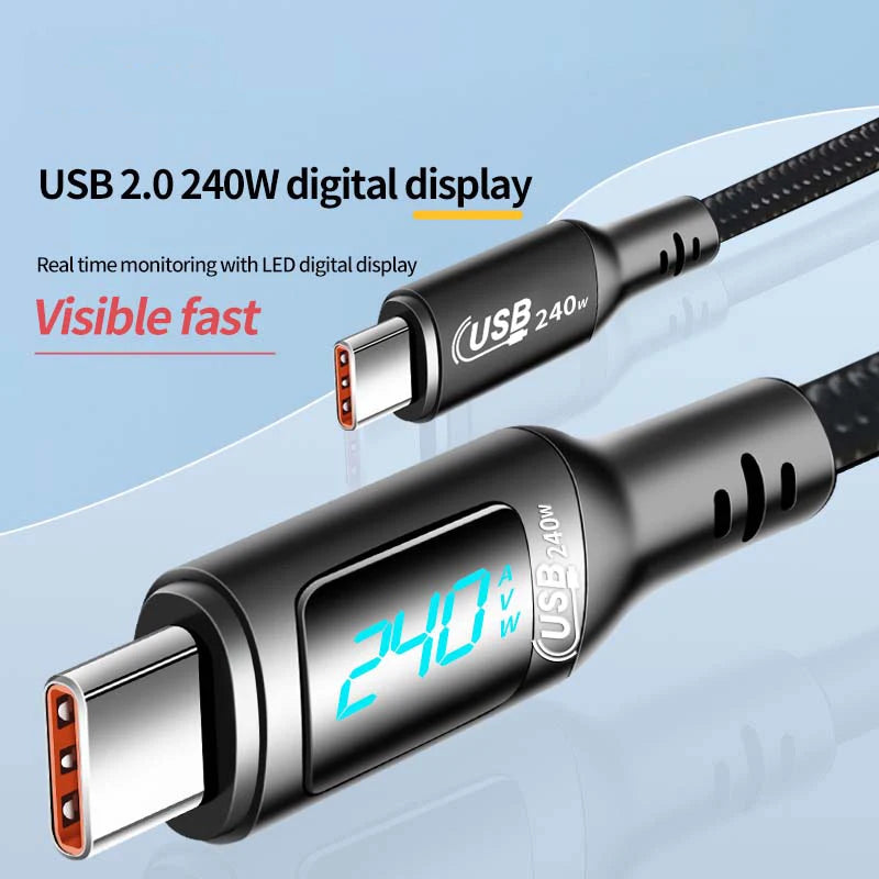 240W USB-C to USB-C Fast Charging Cable with Real-Time LED Power Display - 6