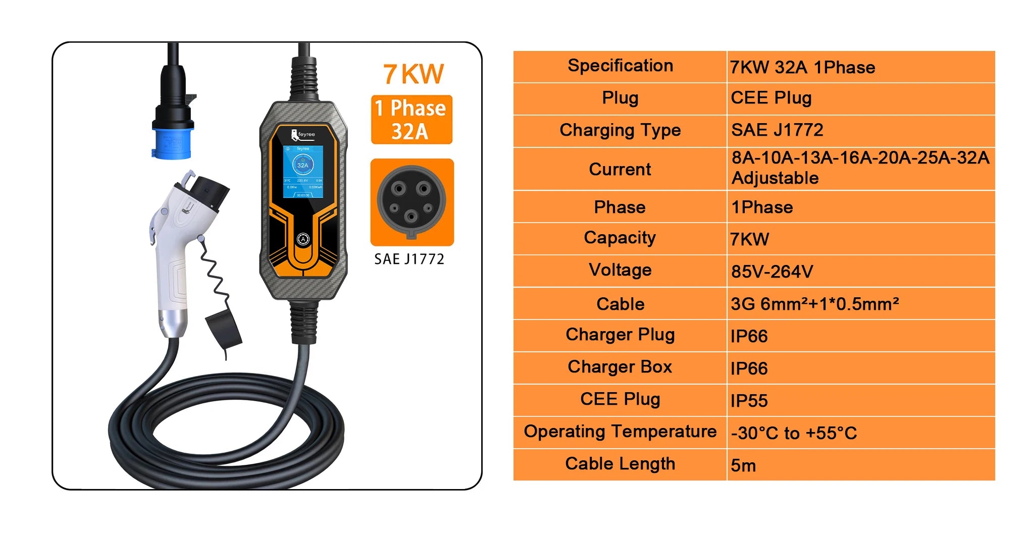 7KW Portable EV Charger Type 1 J1772 - Adjustable 32A Electric Car Charger - 7