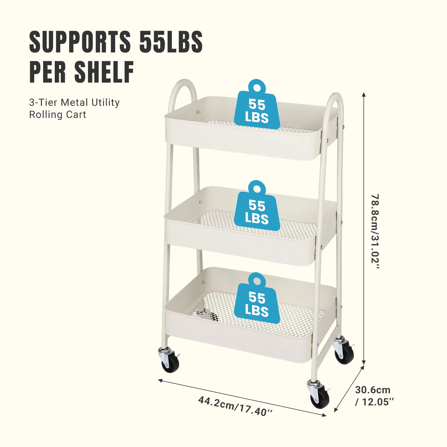 3-Tier Rolling Storage Utility Cart with Lockable Wheels for Home