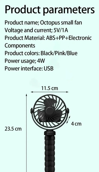 Portable Octopus Baby Stroller Fan - Flexible Tripod USB Rechargeable Fan