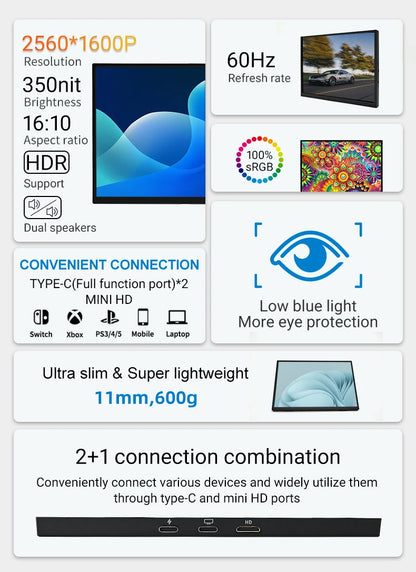 16" 2K Portable Monitor, 2560x1600 IPS HDR Display for Laptop & Gaming