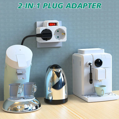German Standard 2-Way Wall Socket Adapter with On/Off Switch & Surge Protection