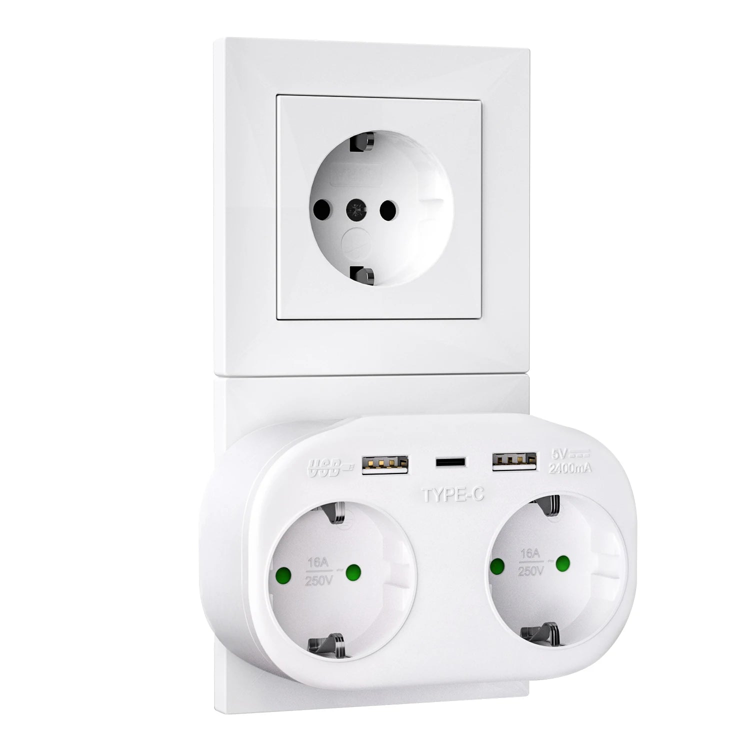 4000W 2-Way EU Wall Power Socket with Dual USB & Type-C Ports - 1