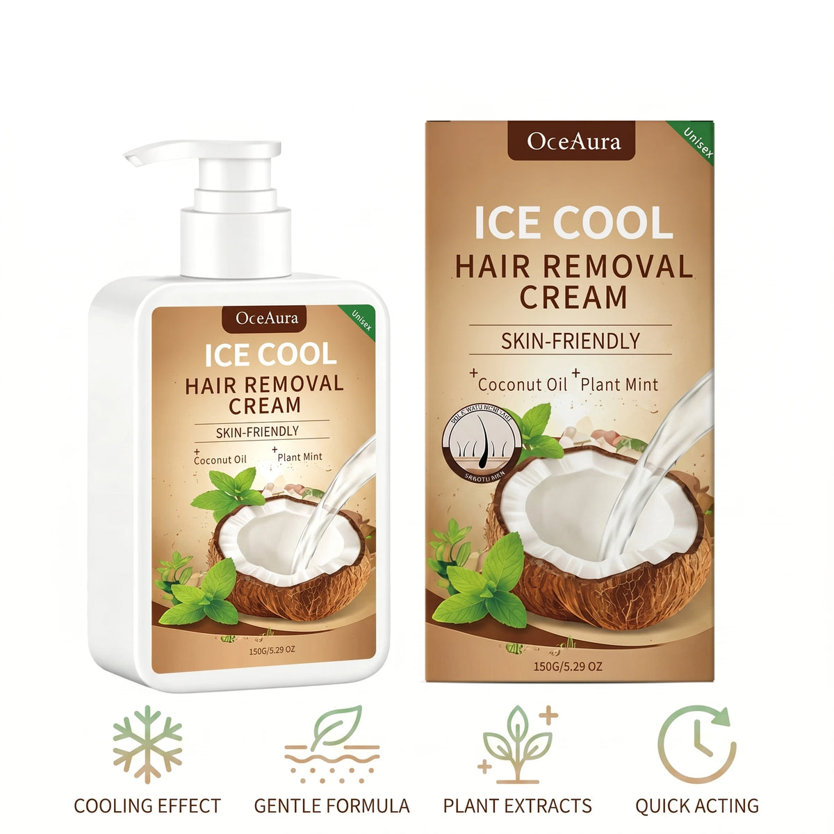 Ice Cool Painless Hair Removal Cream with Coconut Oil & Mint