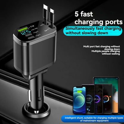 5-in-1 Retractable Car Charger - Fast PD Charging for All Devices