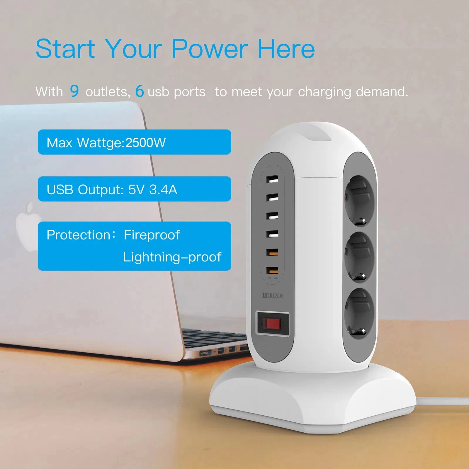 15-in-1 Tower Power Strip with 6 USB Ports & Retractable 1.8m Cord - 2