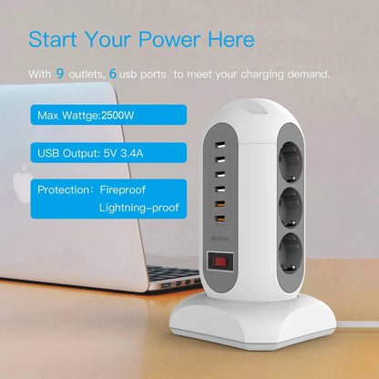 15-in-1 Tower Power Strip with 6 USB Ports & Retractable 1.8m Cord