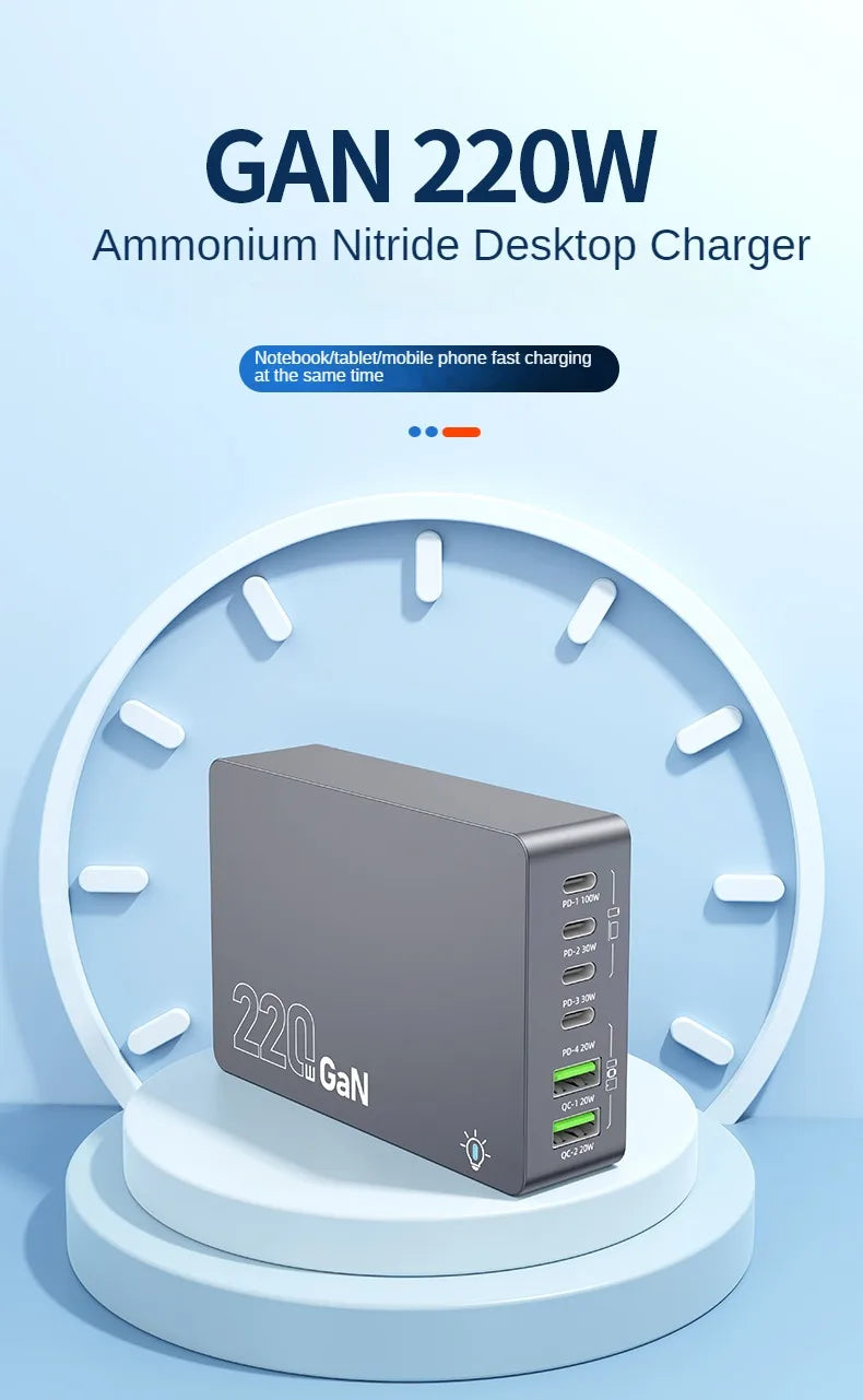 220W 6-Port GaN Desktop Fast Charger - PD USB-C & QC Charging Station - 8
