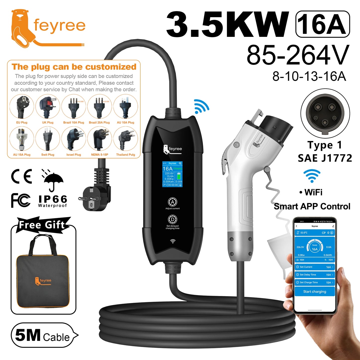 Portable Level 2 EV Charger - Type 1, 16A, 3.5KW with Smart App & LCD