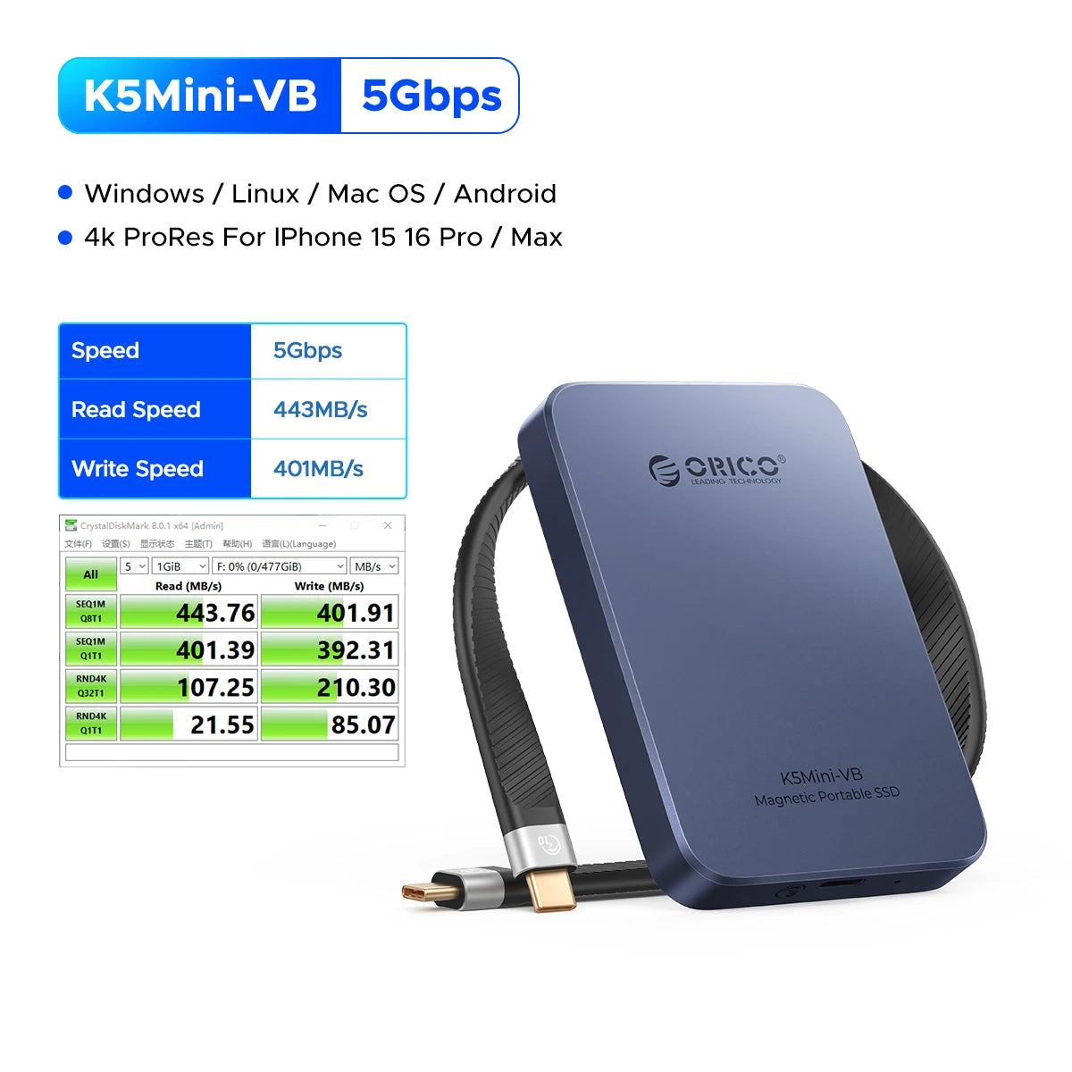ORICO K5MINI Portable SSD 480GB - High-Speed External Drive for iPhone - 17