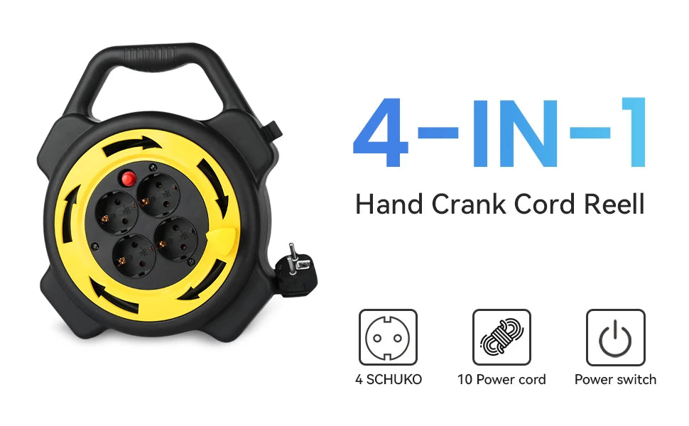 10M Retractable Extension Cord Reel with 4 Sockets, Heavy Duty Power Station - 7