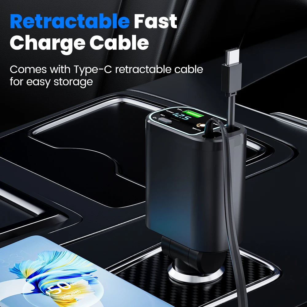 4-in-1 Retractable 100W Fast Car Charger with LED Starlight & Display - 2