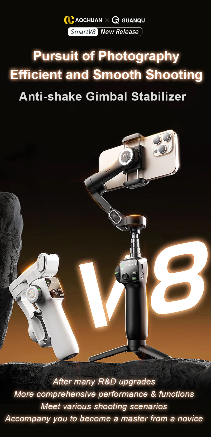 3-Axis Phone Gimbal Stabilizer with Tripod, Extension Rod & Face Tracking