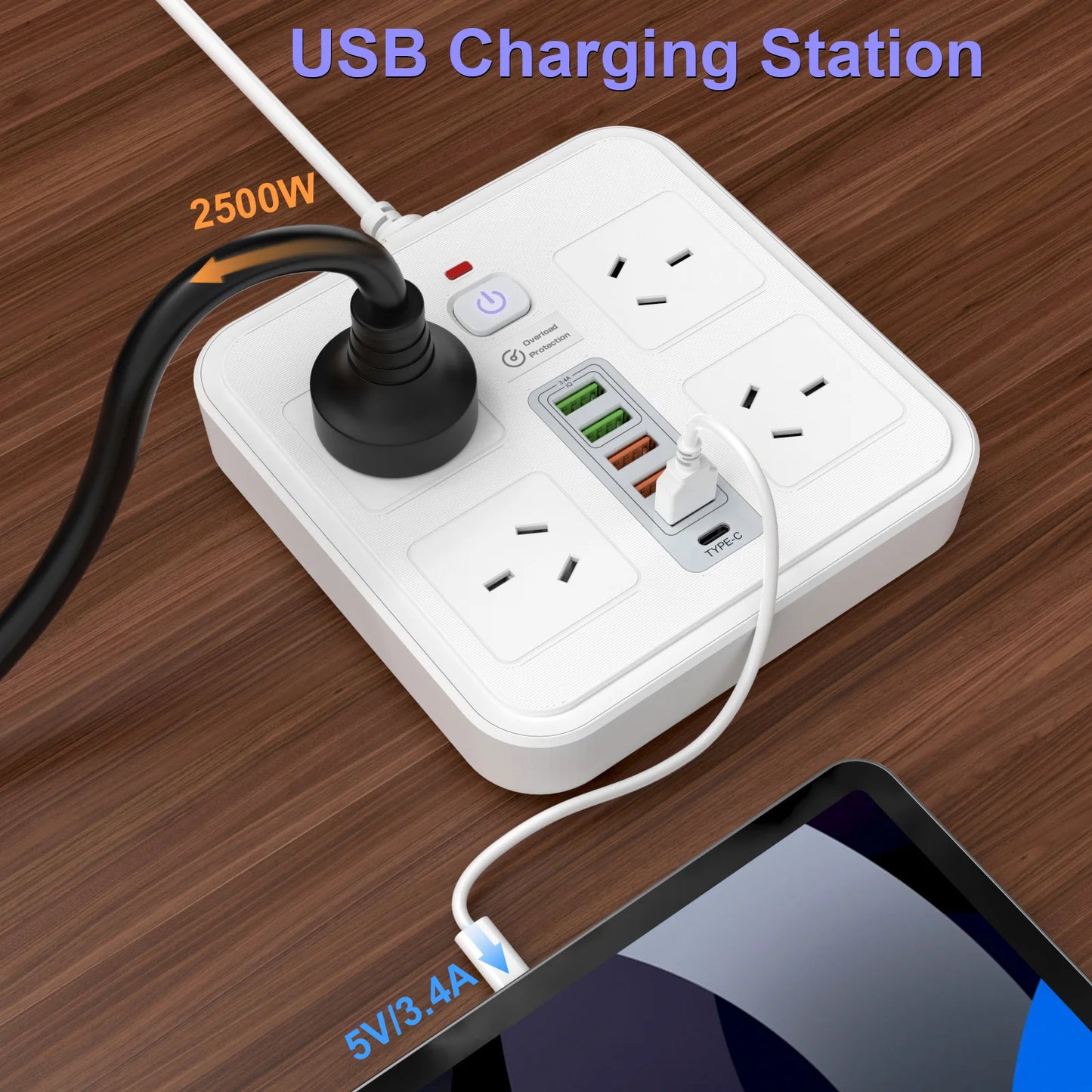 10-in-1 AU Power Board with 5 USB & 1 Type-C Ports – Surge Protected