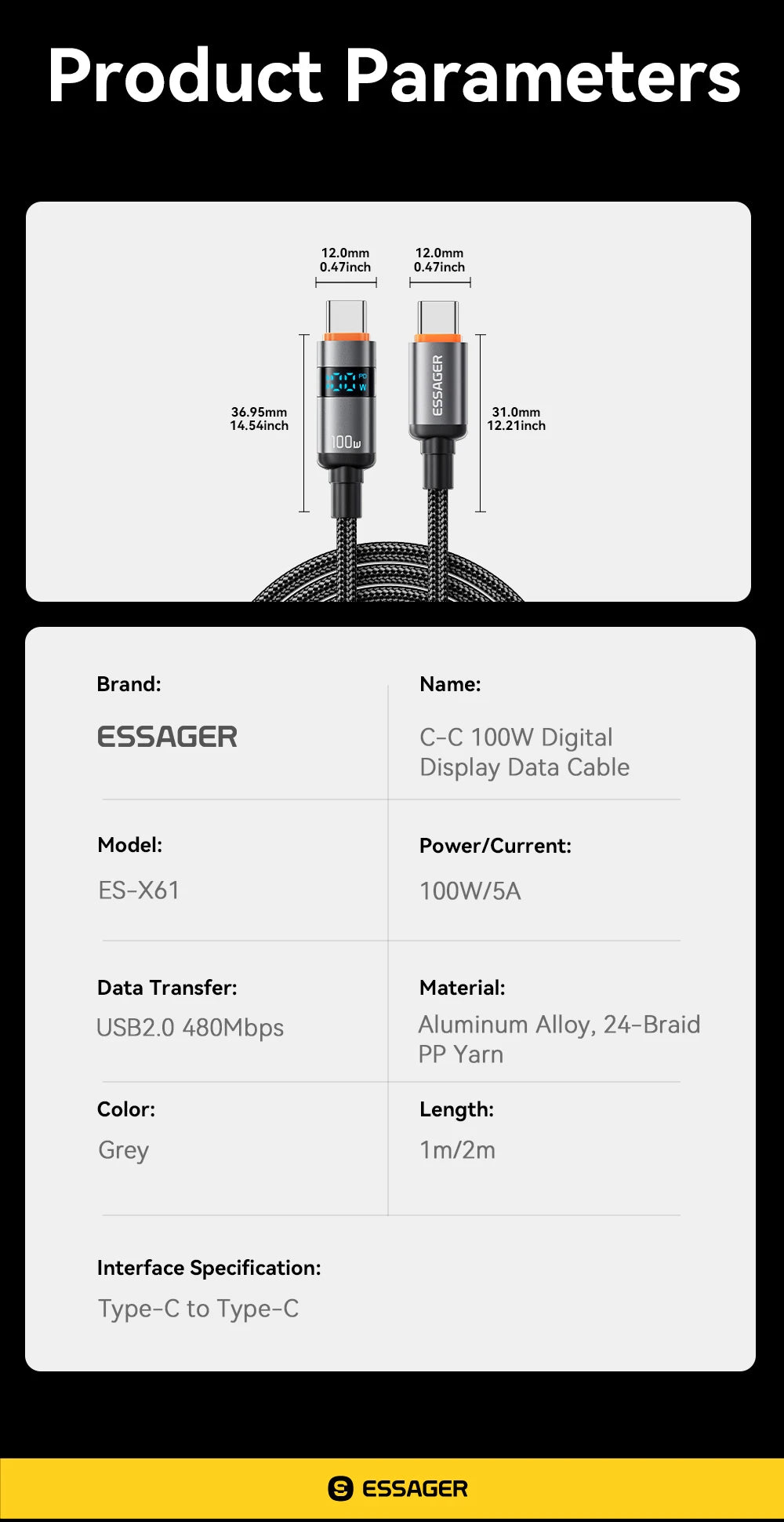 100W USB-C to USB-C Fast Charging Cable with LED Display