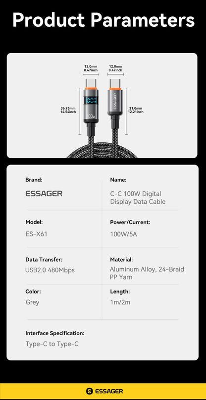 100W USB-C to USB-C Fast Charging Cable with LED Display