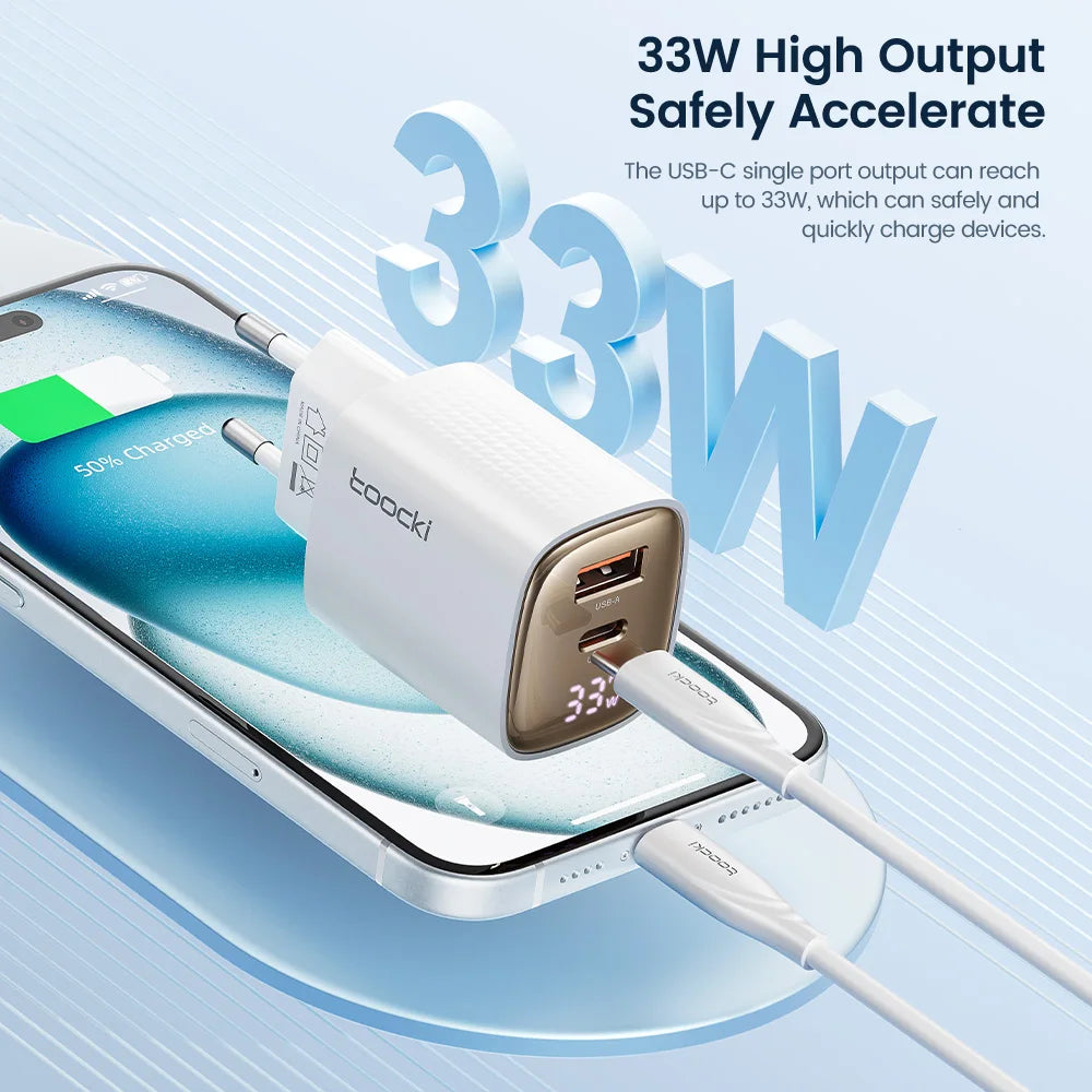 33W GaN Digital Display Fast Charger - USB-C & USB-A Dual Port Power Adapter