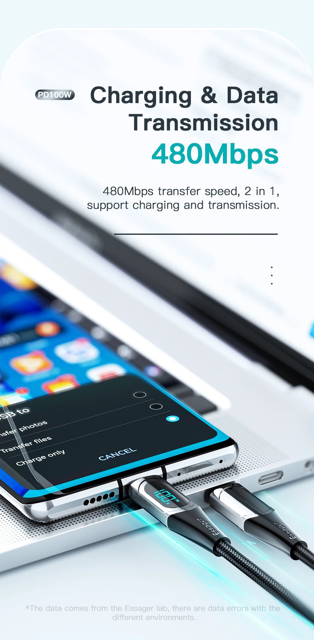 Essager 100W USB-C to USB-C Fast Charging Cable with LED Display - 13